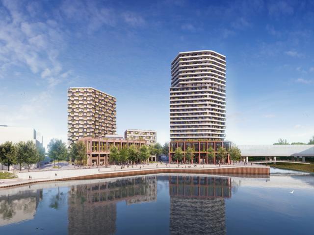 Visualisierung des Projekts PIER05 an der Seestädter Waterfront mit mehreren Gebäuden direkt am Wasser.