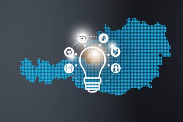 Österreichkarte mit Symbolen Glühbirne, Technik etc.