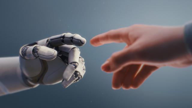 Roboterhand und Finger berührt menschliche Hand