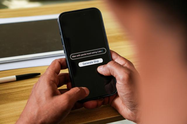 Mann bedient Handy mit Anfrage an GenAI
